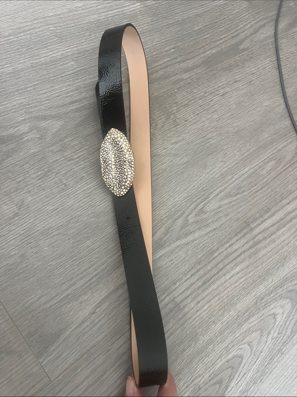 H&M Black Patent Belt with Gold-Tone Crystal Cluster Buckle
